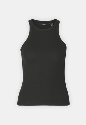 Musta ribbatun tank top, jossa on korkea pääntie ja hihaton muotoilu. Ominaisuuksiin kuuluu tiukka siluetti ja pehmeä tekstuuri.