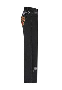 Black denim jeans with a straight-leg design, featuring colorful embroidery on the back pocket and decorative stitching details.