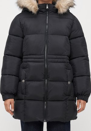 Manteau d'hiver rembourré noir avec fermeture éclair à l'avant, poches latérales à boutons-pression, poignets élastiques et capuche bordée de fausse fourrure marron clair.