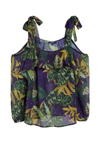 Blusa trasparente viola con design a spalla fredda, caratterizzata da grandi motivi di foglie verdi e gialle, e dettagli arruffati sul colletto.