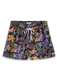Černé plavecké šortky s živým tropickým květinovým vzorem v růžové, modré, zelené a zlaté barvě, s elastickým pasem a bílou šňůrkou.