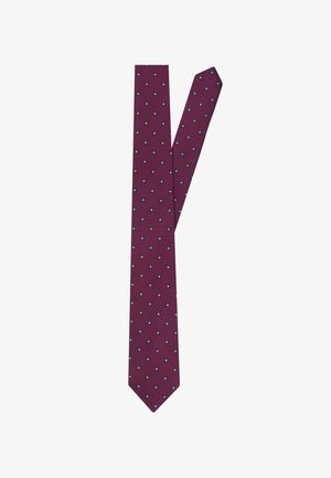 Burgundowy krawat z małym niebiesko-białym kwiatowym wzorem, wyłożony na płasko z wąskim końcem złożonym z tyłu.