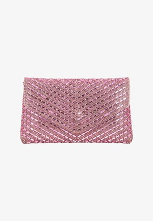 Geantă clutch rectangulară roz acoperită cu rânduri diagonale de mărgele și paiete strălucitoare, formând un model chevron.