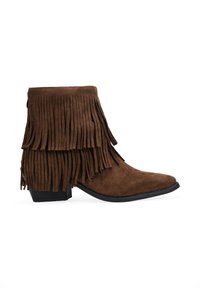 Brown suede ankle boots with layered fringes, pointed toe, stacked heel, and black rubber sole.