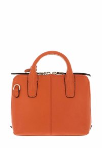 Kleine orangefarbene Ledertasche mit strukturierter Oberfläche, zwei oberen Griffen und schwarzem Reißverschluss. Verfügt über goldfarbene Hardware-Akzente.