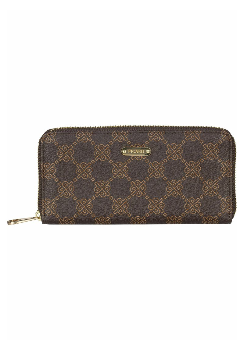 Brown leather wallet with a zip closure, featuring a geometric embossed pattern in gold. Brass logo plate adds detail on the front.