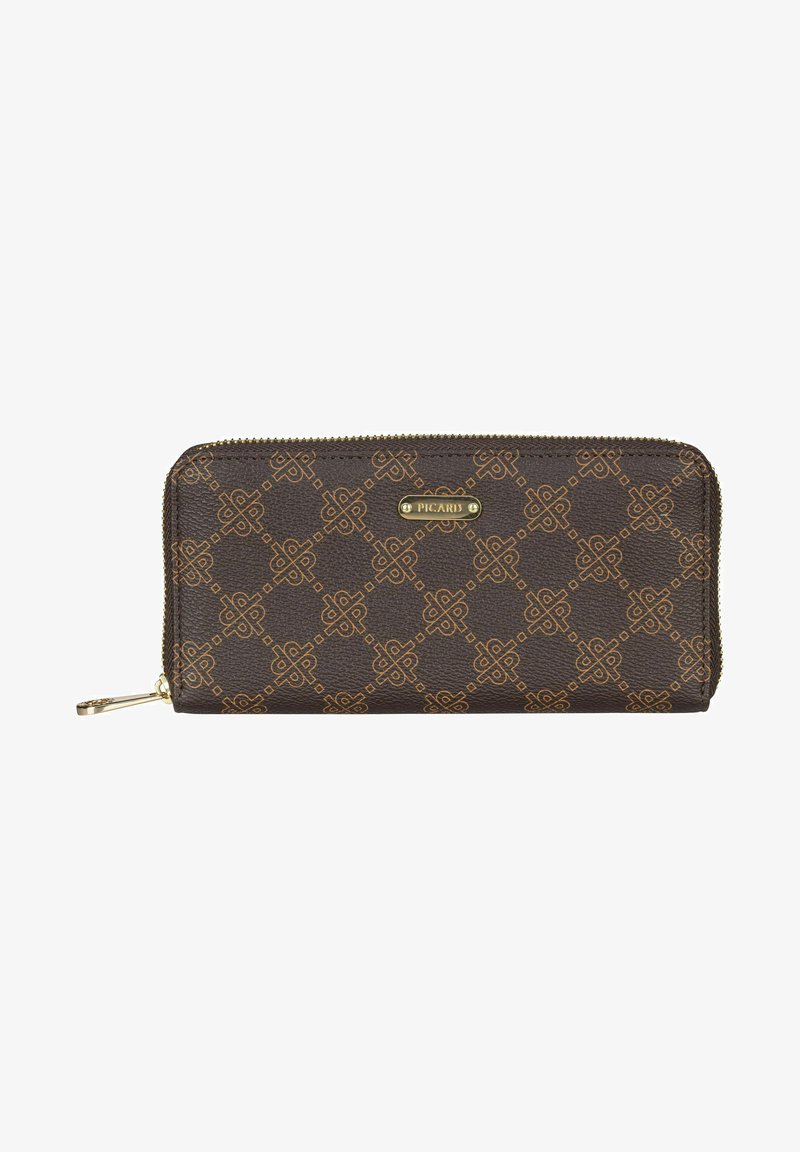 Brown leather wallet with a zip closure, featuring a geometric embossed pattern in gold. Brass logo plate adds detail on the front.