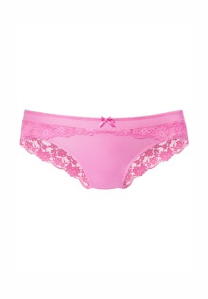 Roze damesbikini ondergoed met bloemrand en een kleine decoratieve strik in het midden van de tailleband.