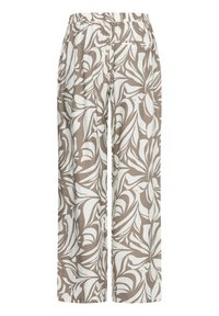 Laisvai krentančios kelnės su abstrakčiu smėlio spalvos ir baltos lapų raštu, elastine juosmens juosta ir kišene nugaroje.