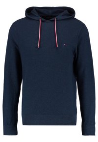 Felpa blu navy con un design a maglia testurizzata, dotata di cappuccio regolabile con dettagli rossi e bianchi e polsini e orlo a costine.