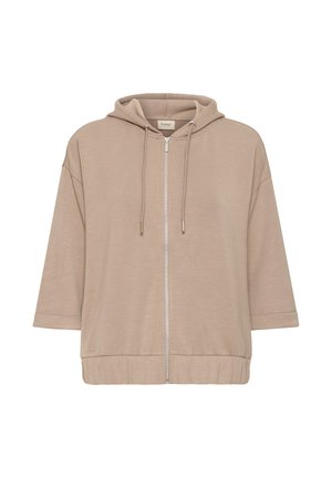 Beige zip-up hoodie met trekkoorden, driekwart mouwen en elastische zoom, weergegeven op een witte achtergrond.
