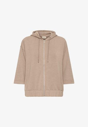 Beige zip-up hoodie met trekkoorden, driekwart mouwen en elastische zoom, weergegeven op een witte achtergrond.