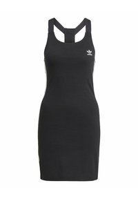 Robe noire sans manches, à la coupe ajustée avec des bretelles croisées dans le dos. Fabriquée en tissu lisse avec des bandes blanches sur les côtés et un petit logo sur la poitrine.