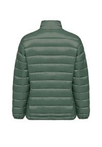 Grön vadderad jacka med hög krage, med horisontell söm och elastiska ärmslutar. Slätt, glänsande material utan synlig hårdvara.