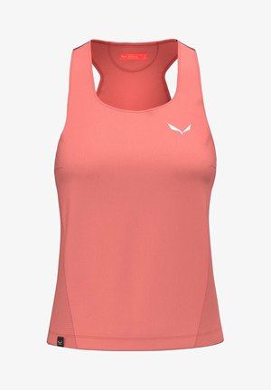 Bezramionny tank top sportowy w kolorze koralowym o gładkiej fakturze, z małym białym logo z przodu i subtelnymi detalami bocznych paneli.