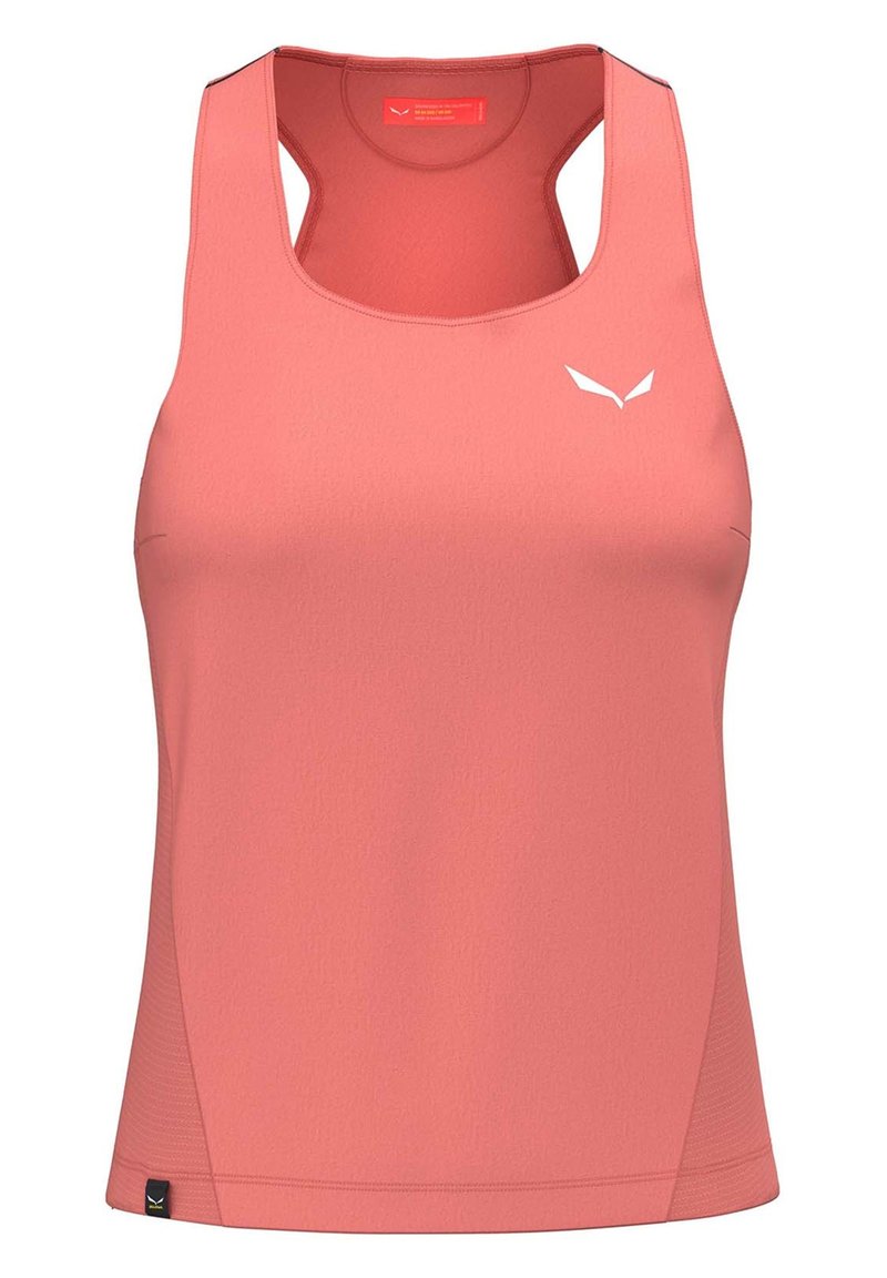 Canotta atletica senza maniche in corallo con una texture liscia, caratterizzata da un piccolo logo bianco sulla parte anteriore e dettagli sottili nei pannelli laterali.
