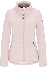 Giacca in pile rosa chiaro con colletto alto, zip frontale, due tasche laterali e un logo ricamato sul petto. Texture morbida, design aderente.