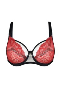 Rød blonde bh med sort mesh kant, design med bøjle og justerbare stropper. Har en central hardware accent og blomstermønster.