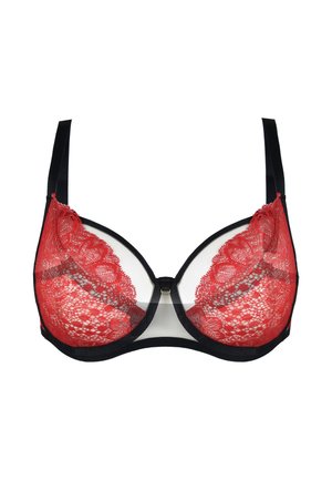 Czerwony biustonosz koronkowy z czarnym siateczkowym wykończeniem, z drucikami i regulowanymi ramiączkami. Posiada centralny akcent sprzętowy oraz kwiatowy wzór.