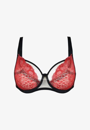 Czerwony biustonosz koronkowy z czarnym siateczkowym wykończeniem, z drucikami i regulowanymi ramiączkami. Posiada centralny akcent sprzętowy oraz kwiatowy wzór.