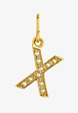 Amuleto de color dorado con forma de 'X' en negrita, acentuado con piedras transparentes que añaden brillo, textura superficial detallada. Incluye un lazo para su sujeción.