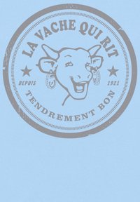 Světlomodré pozadí s kruhovým logem, na kterém se usmívá kráva. Text obsahuje "LA VACHE QUI RIT" a "TENDREMENT BON" v šedé barvě.