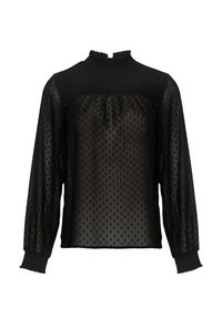 Schwarze Bluse mit Polka-Dots, hoher Neckline, gerafftem Oberteil, langen Ärmeln und elastischen Manschetten. Durchsichtiger Stoff mit einem strukturierten Muster.