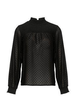 Zwarte blouse met polkadotten, hoge hals, smock-buste, lange mouwen en elastische manchetten. Doorzichtige stof met een gestructureerd patroon.