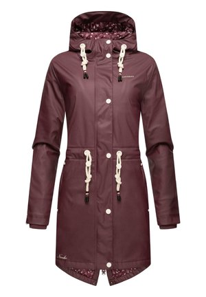 Burgundy waterproof jacket with a drawstring hood, snap buttons, and white cord accents. Printed lining and knee-length hem.