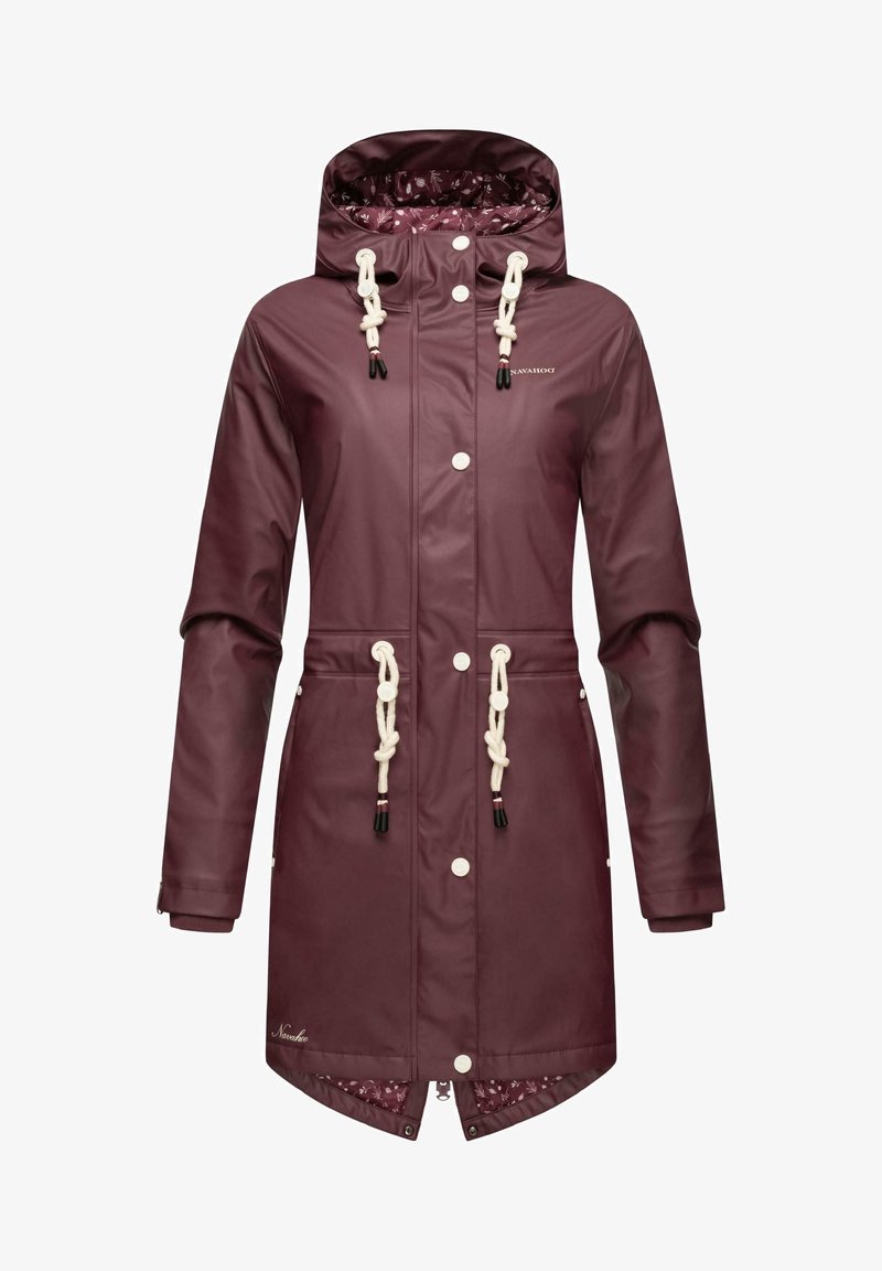 Burgundy waterproof jacket with a drawstring hood, snap buttons, and white cord accents. Printed lining and knee-length hem.