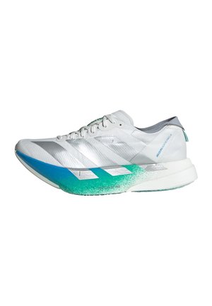 White running shoe with light blue and green gradient sole, lace-up design, and subtle silver stripes on the side.