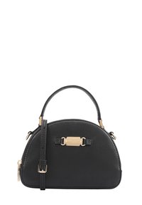 Kleine zwarte leren handtas met een ronde bovenkant, gouden logoplaat, bovenhandvat en verstelbare schouderband.