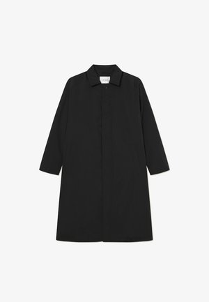 Black trench coat with a minimalistic design, featuring a straight silhouette, long sleeves, side pockets, and a button closure.