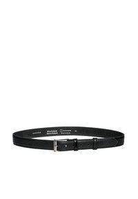 Fekete bőr öv sima textúrával, nikkelmentes ezüstcsattal és több állítható lyukkal a mérethez.
