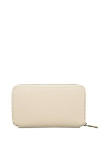 Beige Lederbörse in rechteckiger Form, mit einem Reißverschluss und goldfarbenen Beschlägen. Glatte Textur mit sauberen Nähdetails.