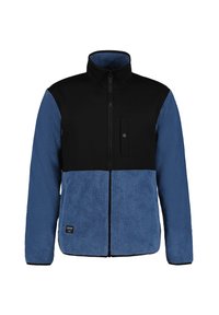 Giacca in fleece con la parte superiore nera, la parte inferiore blu, colletto alto, chiusura frontale con zip e tasca a toppa. Tessuto morbido e strutturato.