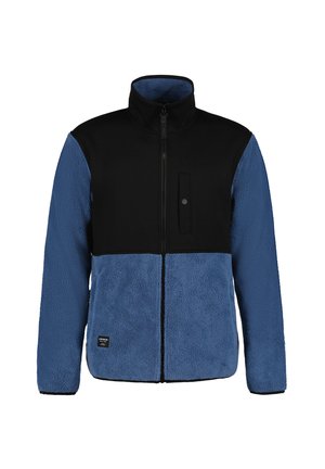 Fleecejack met een zwart bovenstuk, blauw onderstuk, hoge kraag, rits aan de voorkant en een patch pocket. Zachte, gestructureerde stof.