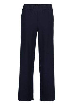 Pantalons bleu marine à jambe droite avec taille élastique et sans poches ni embellissements visibles, présentés sur un fond blanc.
