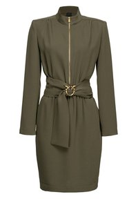 Robe vert olive avec un col montant, des manches longues, une fermeture éclair à l'avant et une ceinture nouée avec un accent en forme d'anneau doré. Texture lisse.