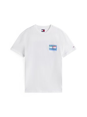 T-shirt bianca in cotone con maniche corte, caratterizzata da una grafica colorata sul lato sinistro del petto e un piccolo etichetta del brand sulla manica.