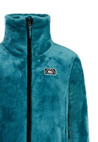 Tegroene fleecejack met hoge kraag, voorrits en een zwarte rits in het midden. Heeft een logo-embleem op de linkerborst. Zacht van textuur.