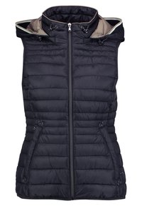 Czarna pikowana kamizelka z wysokim kołnierzem, zamkiem z przodu i kieszeniami po bokach. Charakteryzuje się pikowaną teksturą oraz regulowanymi sznurkami dla dopasowania.