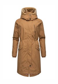 Cappotto outdoor beige con colletto alto, tasche con zip e a toppa, chiusura con bottoni a pressione e una morbida fodera interna texturizzata.