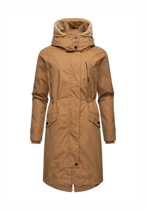 Tan outdoor coat featuring a high collar, zippered and patch pockets, snap button closure, and a soft, textured inner lining.