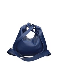 Blauwe leren pouch tas met een zachte, gestructureerde afwerking en een gedraaide bovenkant. Inclusief een lange, verstelbare schouderband voor crossbody gebruik.