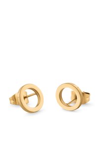 Zlate okrogle uhani na zatič z votlim središčem. Gladek videz, poliran zaključek in zasnovan z zapiranjem na potisk. Premer približno 1 cm.