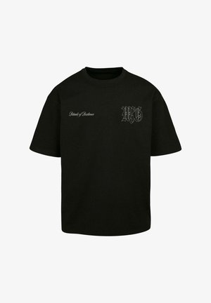 Crna pamučna majica s okruglim izrezom, kratkim rukavima, s bijelim tekstom i logotipom na prednjoj lijevoj strani.