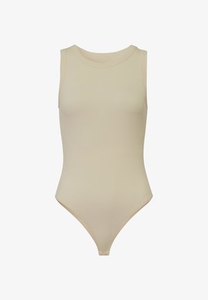 Crème ribbodysuit met een mouwloos ontwerp, ronde halslijn en een stringonderkant. Gladde textuur en aansluitende silhouet.