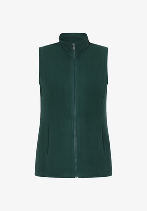 Dunkelgrüne Fleece-Weste mit hohem Kragen, Frontreißverschluss und zwei Seitentaschen. Glatte Textur, keine Muster oder zusätzlichen Verzierungen.