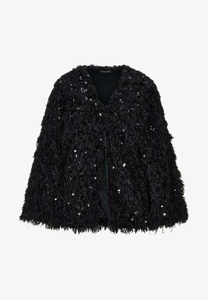 Black faux fur cape with a textured, shaggy design, featuring small, shiny sequins throughout and a deep V-neckline.